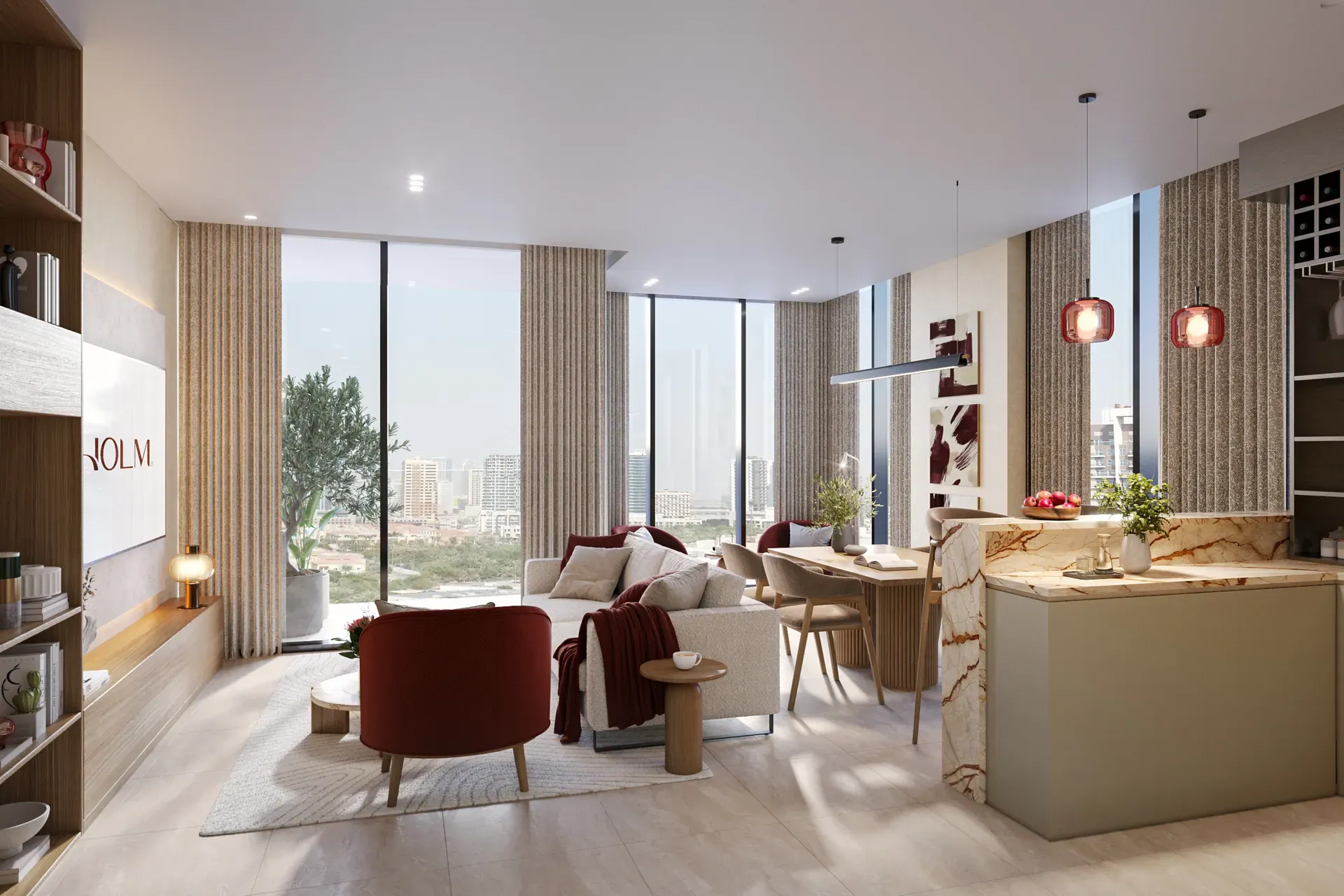 Living room of a one-bedroom apartment with city view